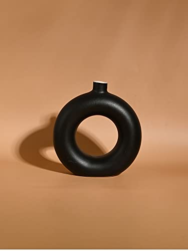 Image of Purezento Beautiful Ceramic Decorative Vases with Unique Quality for Home Decor,Center Table, Flowers Pot, Bedroom Side Corners, Living Room Decoration,and Party Centerpieces- (Black,Donuts 6 inch VASE)