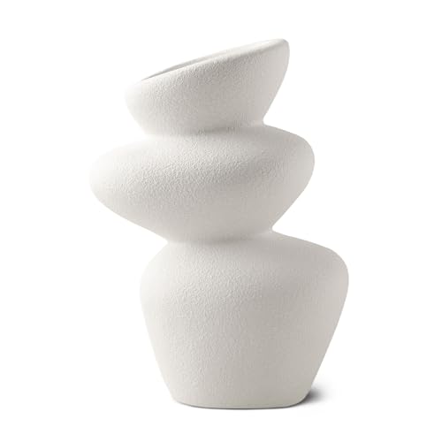PEUZ Stone Tower Vase en céramique sculptural avec texture de pierre brute pour fleurs séchées, herbe de pampa, fleurs fraîches ou objet décoratif, fait à la main, blanc mat, environ 20 cm