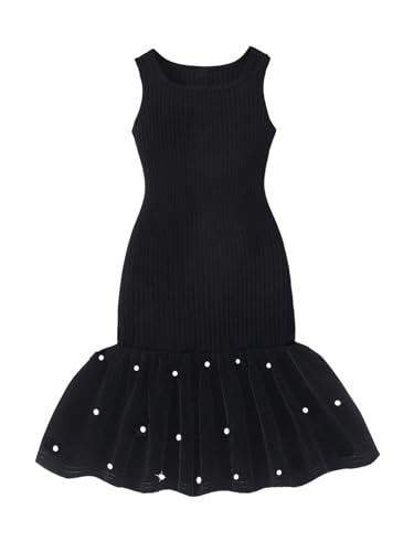 SHENHE Girl's Ribbed Sleeveless Pearl Ruffle Hem Vintage Bodycon Party Birthday Tank Dress