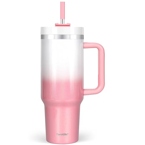 40 oz Tumbler with Handle, Rainbow Paint Insluated Tumbler with Lid and Straw, Double Wall Vacuum Stainless Steel Travel Mug Iced Coffee Cup, Keeps Drinks Cold for 34 Hours, Honey Gradient