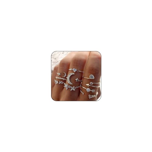 INENIMARTJ Boho Rings for Women,Dainty Silver Rings Trendy Silver Stacking Ring Set Vintage Knuckle Stackable Moon Star Heart Flower Leaf Top Finger Rings Christmas Stocking Stuffers for Women