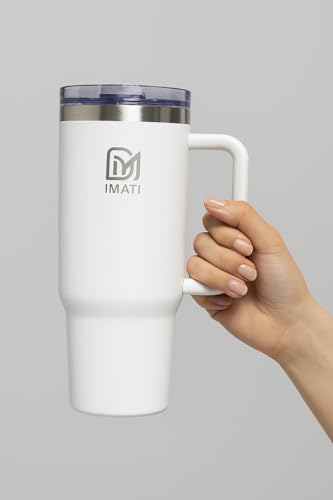 Image of IMATI Insulated Steel Tumbler 1200ml with Flip Straw Side Handle & Leakproof Lid - Stainless Steel Travel Mug Coffee Cup & Water Bottle for Office Gym Car Adults (White 2 Lids 2 Straws Brush)