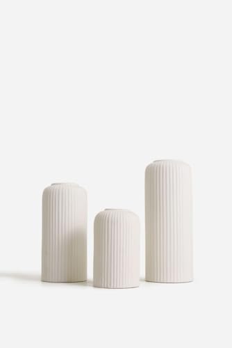 Image of PUREZENTO Elegant White Ribbed Texture Ceramic Vase - Set of 3 | Vases for Home Decor Centerpiece or Showpiece Living Room, Bedroom | Vase for Pampas Grass, Dried & Artificial Flowers