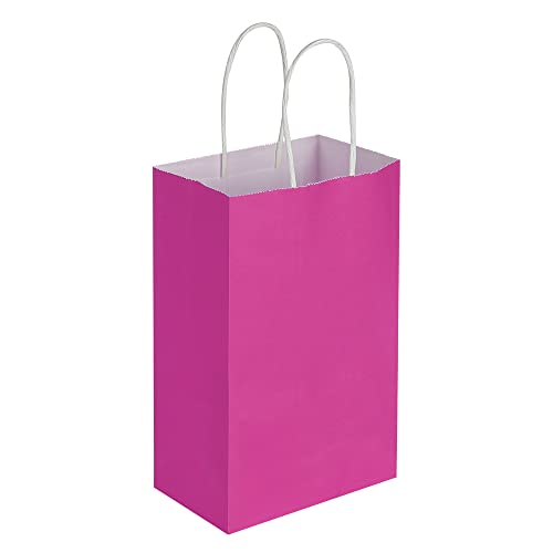 Oikss 100 Pack 5.25x3.25x8.25 Inch Small Pink Kraft Paper Bags with Handles Bulk for Birthday Wedding Party Favors Grocery Retail Shopping Business Goody Craft Gift Bags Sacks (Fuchsia 100pcs Count)