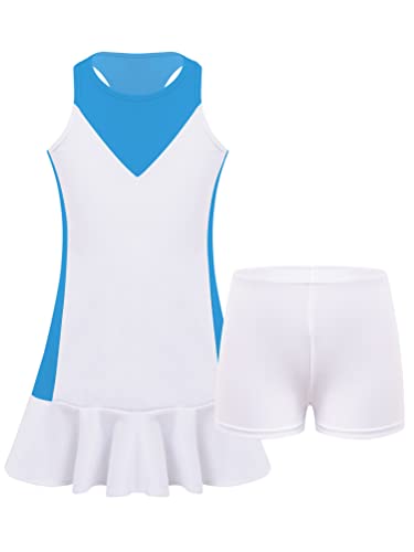 Aislor Mädchen Tennis Kleider Tennisbekleidung Kinder Baumwolle Äremllos Sport Kurz Kleid Hockeykleid Workout Fitness Sportbekleidung U Blau 146-152 Cover