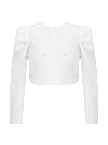 IEFIEL Bolero Blanco para Vestido Fiesta Niña Cárdigan Elegante de Fiesta Boda Chaqueta con Perlas de Comunion Torera Fiesta Niña Blanco B 12 años Cover