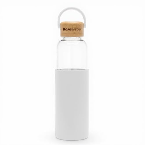 Image of Borosilicate Glass Water Bottle 500 ml | Leakproof Bamboo Lid & Silicone Sleeve | BPA Free Reusable Drinking Bottle for Office, Gym, Travel & Daily Use (White)