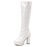  Lizoleor Mujer Tacón Ancho Moda Plataforma Botas Largas Cremallera Punta Redonda Elegante Boda Vestido Warm Botas De Montar Charol Blanco Talla 34 Eu