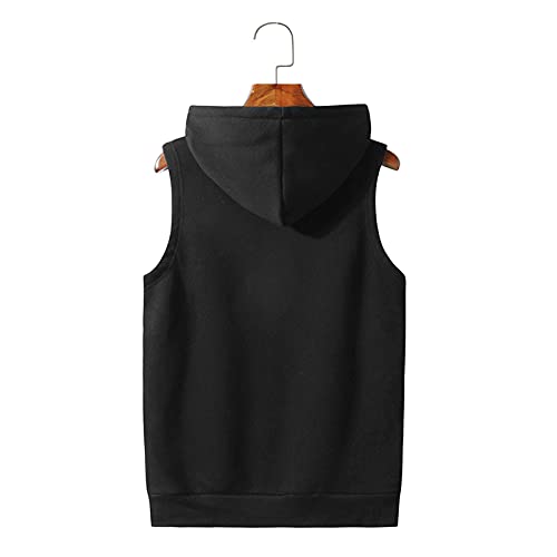 Badhub Mens Vest Hoodie Casual Sleeveless Pullover Gym Athletic Solid Drawstring Hooded Sweatshirt With Pocket Black #TOP2
