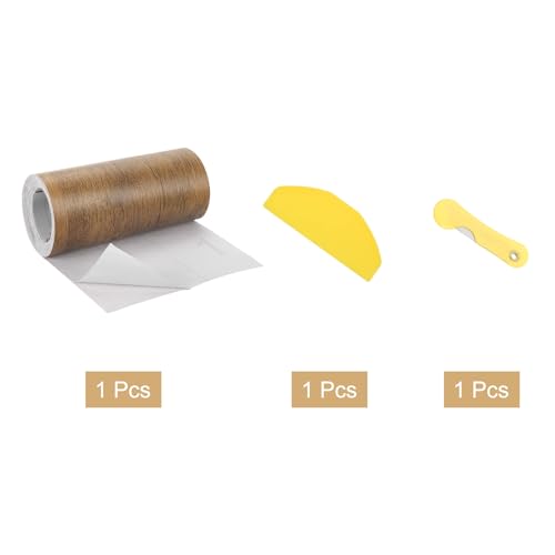 Image of uxcell 1 Roll Wood Grain Tape, 5.91 inch x33 Ft Realistic Textured Repair Tape Self Adhesive Wood Textured Patch with Tool for Floor Wall Door Table Cabinets Furniture Home Decor(Coffee Color)