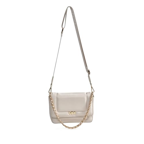 Bolsa Feminina Via Marte Transversal Napa Soft em Matelassê e Correntes Pequena Off White - U