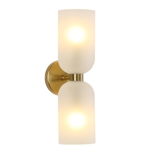 Image of EFINEHOME Minimalist 2-Light Gold Wall Sconces with Cylinder Glass Shades- Mid Century Vanity Wall Double Lights Hardwired- Modern Indoor Glass Wall Mounted Art Decor Lights (Frosted White, 1 Pack)