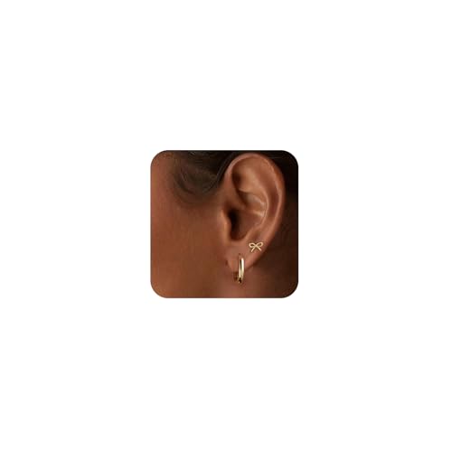 CAROVO Dainty 14K Gold Earring Sets Tiny Cartilage Bow Butterfly CZ Stud Small Chunky Open Hoop Earrings Set Multiple Piercing for Women - Main Image