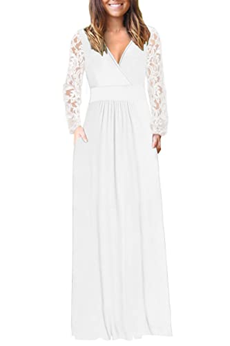 Image of AUSELILY Womens Long Sleeve Maxi Dress 2026 Fall Lace Long Sleeve Dress V Neck Wrap Waist Long Dresses with Pockets