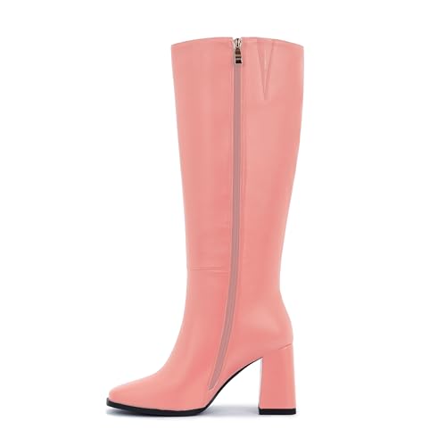 Image of Knee High Boots for Women - Wide Calf Boots with Zipper, Square Toe Tall Leather Boots, Chunky Heel Fashion Long Boots