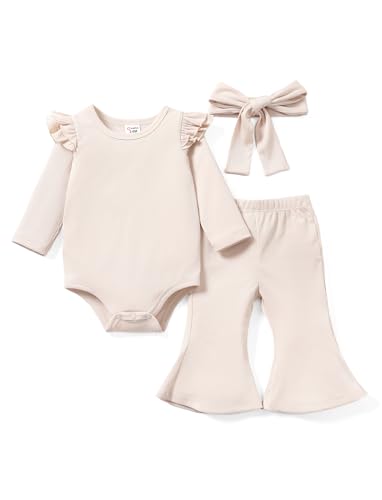 Image of PATPAT Newborn Baby Girl's Clothes Infant Rib Long Sleeve Ruffle Romper Flared Bell Pants with Headband 3pcs Set 0-18M