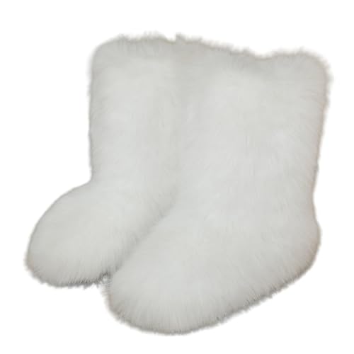 Image of Furry Faux Fur Boots for Women Colourful Winter Warm Soft Plush Snow Boots Fuzzy Fluffy Round Toe Suede Flat Shoes Outdoor Indoor Mid-Calf Boot White