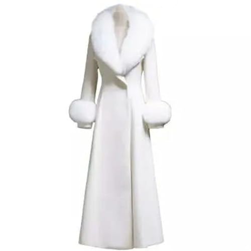 Women's White Woolen Coat, Fur Collar, Warm Long Woolen Coat2