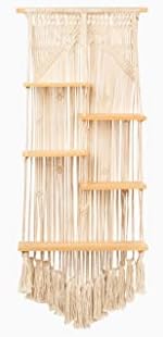 Macrame Wall Hanging Plant Decor Shelf, Tall Ladder Shelf, 5 Tier Indoor Handmade Plant Shelves, Large Boho White Beige Hanging Floating Hand Woven Rope for Bedroom, Bookshelf (60″ H x 24″ W)