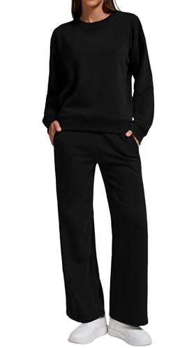 YETOWA Damen 2-teiliges Oversize-Sweatshirt und Jogginghose, Trainingsanzug-Set – gemütliches Herbst-/Winter-Outfit mit Taschen, Schwarz, Large