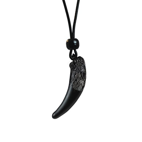 Preisvergleich Produktbild Halskette Wolfszahn Anhänger Wikinger Kette Wolfzahn Anhänger Verstellbar Lederkette Wolfszähne Tribal Talisman Halskette Amulett für Damen Herren (Schwarzer Obsidian)