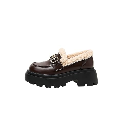 Women's Winter Fuzzy Chunky Platform, Fur-Lined Oxford Comfortable Thick Sole Elevator Shoes
