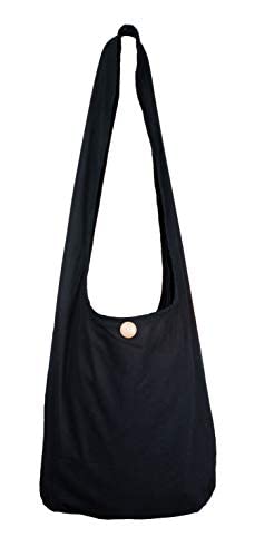 Sling Bag Cotton - Large Boho Hippie Hobo Handbag - 40 Prints - unisex Crossbody Bag (Plain-Black)