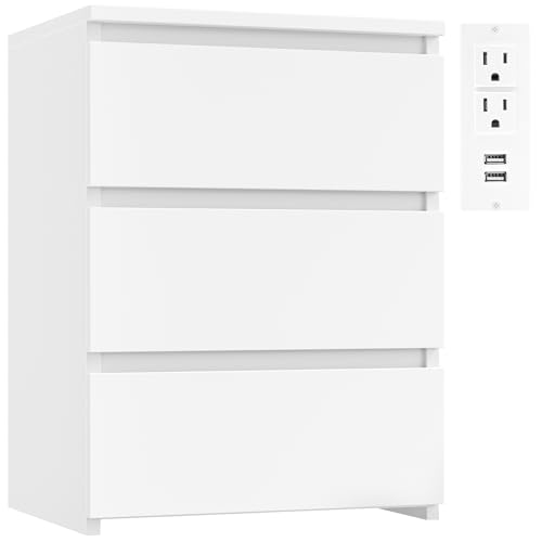 FOTOSOK White Nightstand, 26" H Night Stand with Charging Station, White Nightstand with USB Ports & Power Outlets, Silent Slides, Wooden End Side Table Bedside Table with 3 Drawers for Bedroom