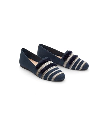 Birdies Women's Starling Fabric Flat Loafer, Navy Stripe Embroidery, 10.5