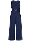 Miutii Mädchen Jumpsuit Festlich Overall Elegant Hosenanzug mit Blumen Taillengürtel Weites Bein Hose Hochzeit Geburtstag Party Outfits Marine Blau 146-152