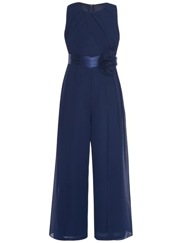 Miutii Mädchen Jumpsuit Festlich Overall Elegant Hosenanzug mit Blumen Taillengürtel Weites Bein Hose Hochzeit Geburtstag Party Outfits Marine Blau 146-152