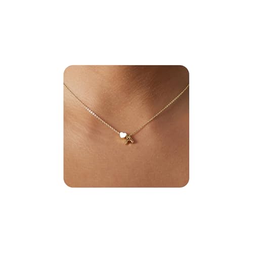 JECOMY Dainty Initial Necklaces for Women 14K Gold Plated Heart Letter Necklace Personalized Initial Heart Pendant Necklace Tiny Letter Name Necklaces Gift for Teen Girls, Brass, No Gemstone