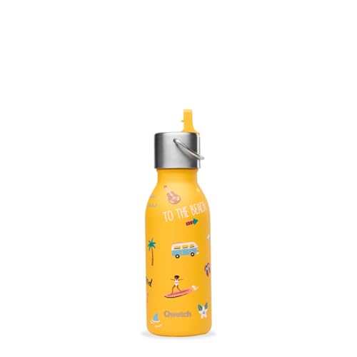 Qwetch - Botella Infantil Isotérmica 350ml Kids Honolulu Amarillo con Tapón Pipeta | Botella Niños Acero Inoxidable - 24h Frío / 12h Caliente - Antigoteo - Ideal para escuela, deporte y salidas