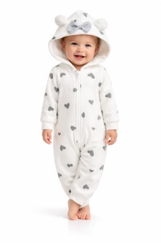 Image of BRANDONN Kids Baby Cotton Fleece Jumpsuit Romper Onesie Sleep Suit Hooded Semi Winter Zipper (White & Grey, Length 65 cm x Chest 35 cm, 12-18 Months)