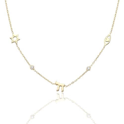 Alef Bet by Paula 14k Yellow Gold Plated Sterling Silver 925 Star of David Chai Evil Eye Heart Charm Necklace Layering Adjustable Jewish Women Bat Mitzvah Hanukkah Birthday Gift Multi Charm