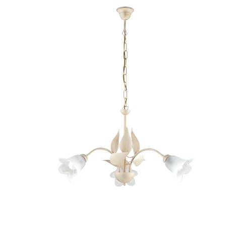 Lustre en fer ivoire 3 lumières plafonnier verre blanc albâtre