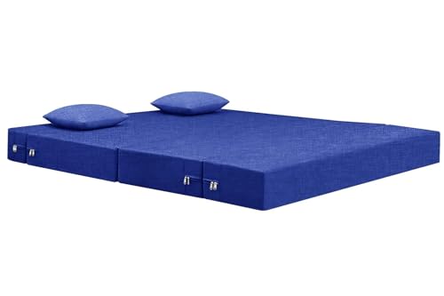 Image of Rosebell Two-Person Jute Sofa Cum Bed | Compact & Lightweight | Removable Washable Cover- Including 2 Cushion | 4x6 Ft Size | Home or Office - Blue Color