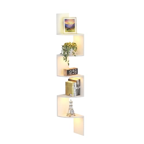 EGGREE Eckregal mit LED-Beleuchtung Wandregal Dreieckig Schweberegal Modernes Eckenregal für Wohnzimmer Schlafzimmer & Küche 20 x 20 x 126 cm Mattweiß - Stauraum mit Ambiente