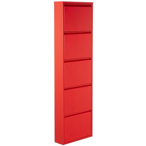 DRW Meuble à Chaussures en métal avec 5 tiroirs Rouge Mat 50 x 15 x 170 cm, Multicolore, estandar