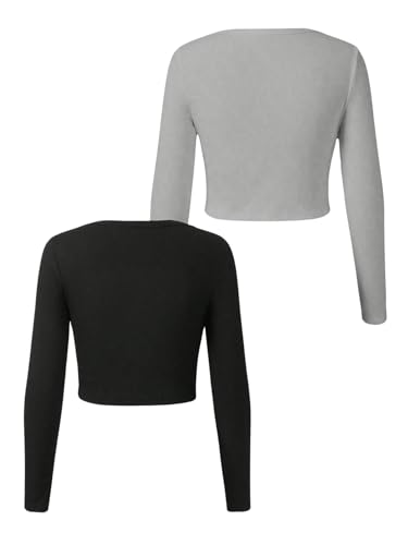Image of RoseSeek Girl's Long Sleeve T Shirt Slim Fit Crewneck Fall Basic Tees Ribbed Knit Crop Top for Girls Grey and Black 8Y
