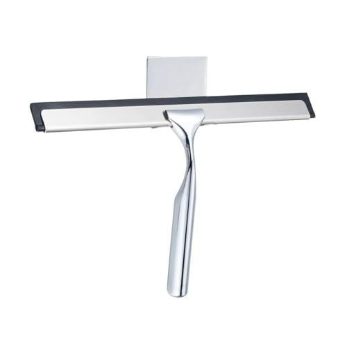 Image of J&V TEXTILES All-Purpose Stainless Steel Shower Squeegee for Glass Doors with Adhesive Hooks, Squeegee for Shower Glass, Bathroom Household Cleaner Tool, 10 Inch (Silver)