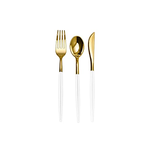 Trendables 120 Pack Disposable Silverware Set - Plastic Cutlery Dinnerware - Includes 40 - Plastic Forks - Plastic Spoons - Plastic Knives - White & Gold Plastic Silverware Plastic Utensils Party Set