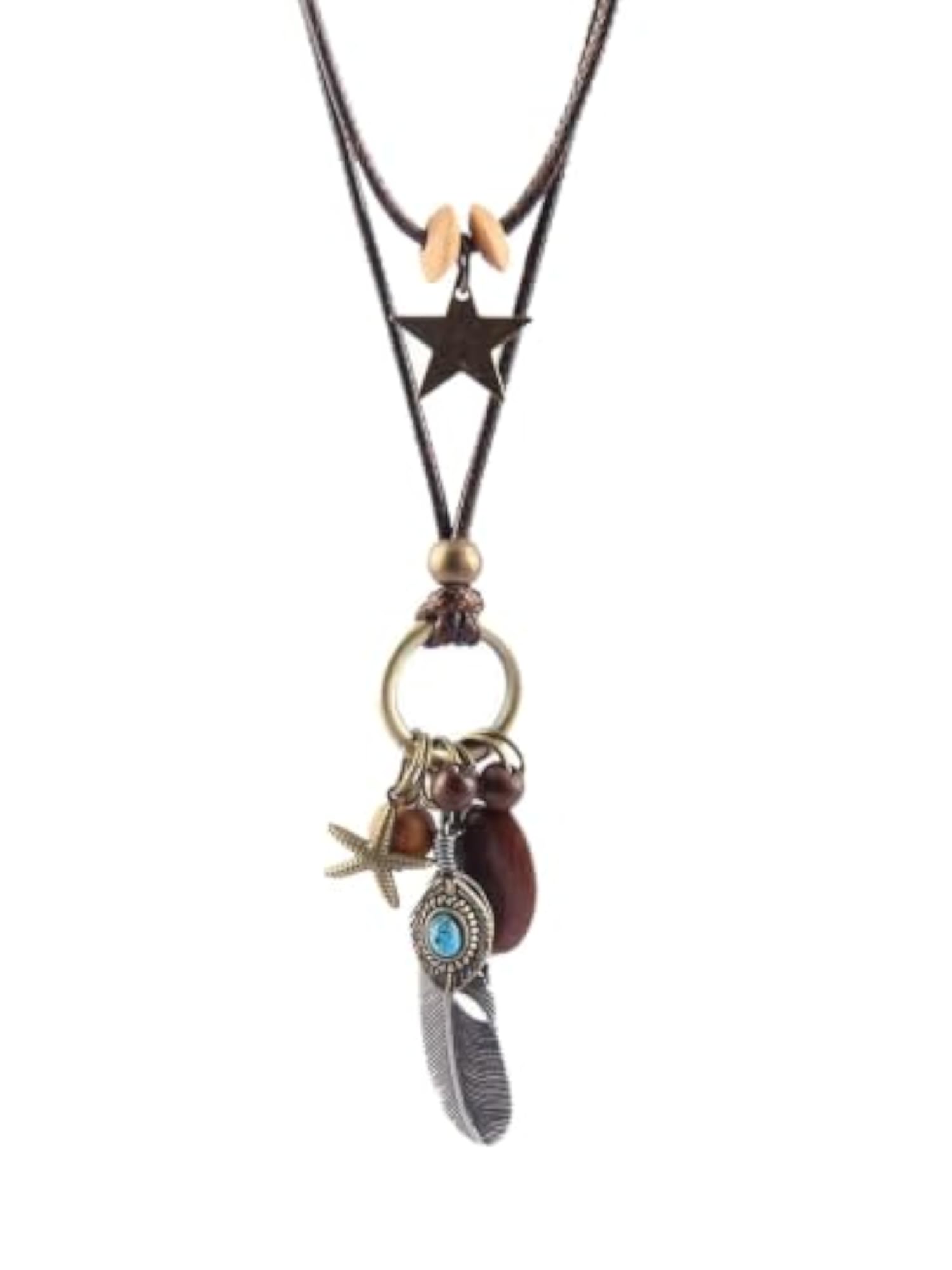Women's Bohemian Bronze Feather Long Necklace, Vintage Style