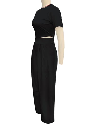 Women's Short Sleeve Crop Tops Wide Leg Pants Two Piece Sets Outfits4