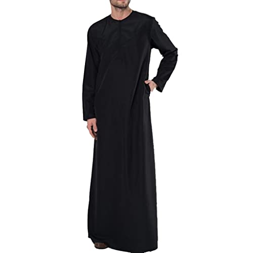 Men's Muslim Clothes Kaftan Robe Islamic Abaya Dubai Long Gown Thobe Long Sleeve Ethnic Clothes Male Shirt (Color : Black, Size : Large)