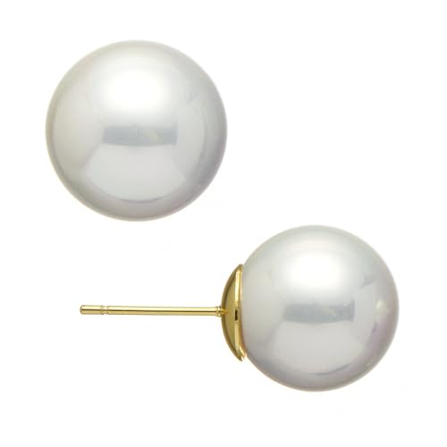 ZLP Big Pearl Earrings for Women, Oversize 14/12/10mm Classic Round Strong Light Simulated Shell Pearl Earrings 14K Gold Plated Sterling Silver Stud