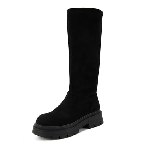 Putu Women's Platform Knee High Boots, Comfortable Faux Suede Chunky Block Heel Boots Round Toe Pull On Long Boots2