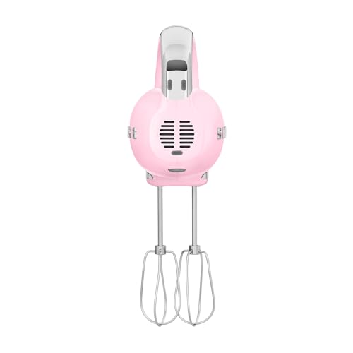 Image of SMEG Pink 50's Retro Style Electric Hand Mixer with Set of Dough Hooks, Set of Beaters, and Set of Whisks