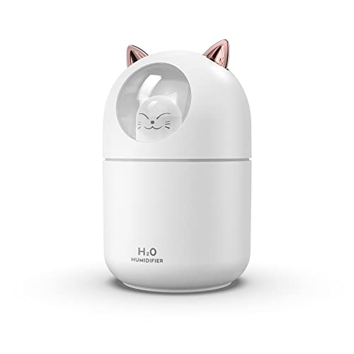 300ML Mini Umidificatore Ultrasonico, Funzione di Luce Notturna, Muto, Adatto Per Soggiorno, Camera da Letto, Ufficio, Auto, Pianta, Regalo Creativo Per i Bambini, Gli Amici e Gli Amanti (bianco)