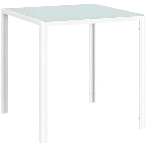 HOMCOM Esszimmertisch 75 x 75 cm, Quadratischer Küchentisch für 4 Personen, Esstisch aus Hartglas mit Metallbeine, moderner Tisch für Küche, Esszimmer und Wohnzimmer, Weiß